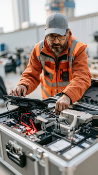 Male technician in orange safety gear organizing equipment in a toolkit.