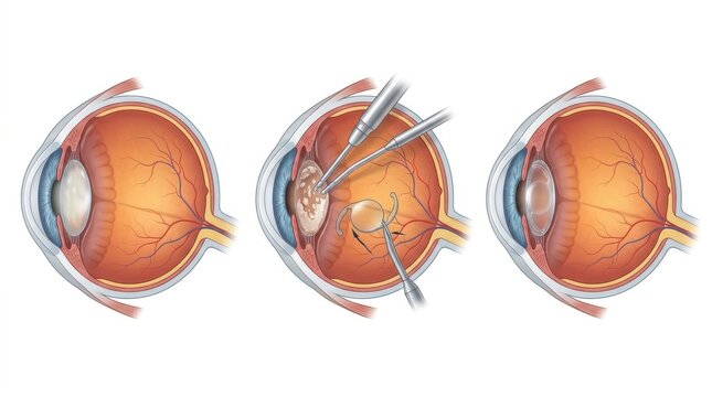 Illustration of cataract surgery procedure showing lens replacement in the human eye
