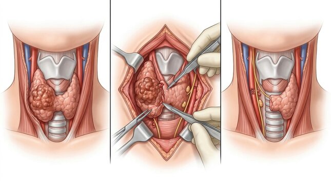 Illustration of thyroid gland surgery showing a nodule and surgical procedure