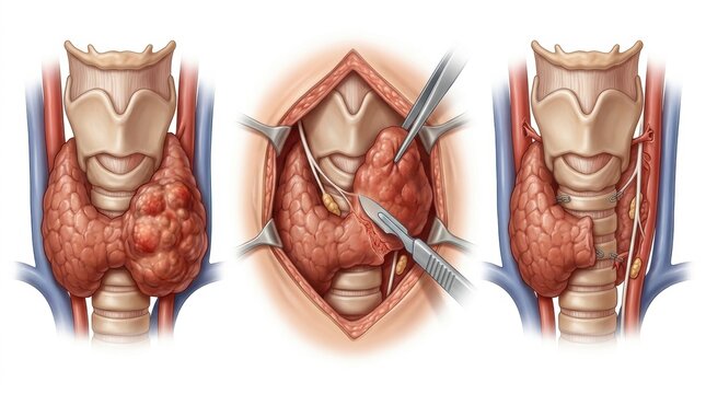 Illustration of thyroid gland surgery showing nodules and surgical procedure