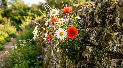 Obraz premium Wild bouquet of white daisies, red poppies, and purple lavender growing out of an ancient mossy dry stone wall bathed in warm sunlight.