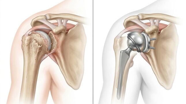 Comparison of a damaged shoulder joint and a modern shoulder replacement implant