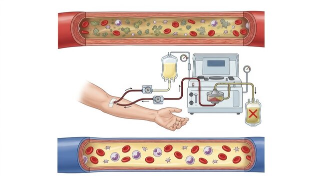 Illustration of apheresis procedure showing blood filtration and cell separation
