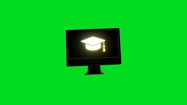 A computer monitor displaying a glowing white graduation cap icon on screen