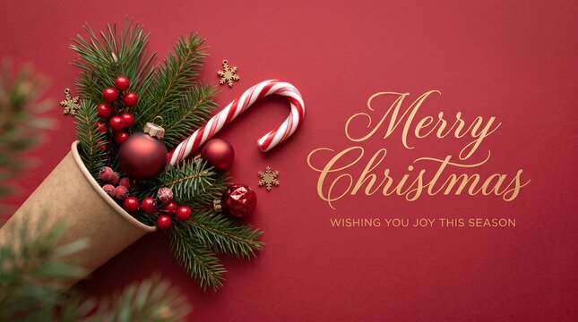 Festive Red Background Christmas Greeting Card with Pine Sprig Ornament and Candy Cane