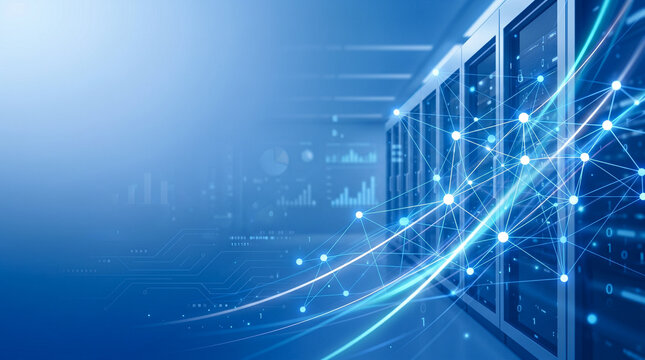 Cloud server room racks with high speed blue digital network overlay and data processing flow