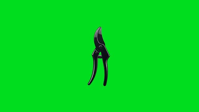 A black garden pruner tool isolated against a bright vibrant green background