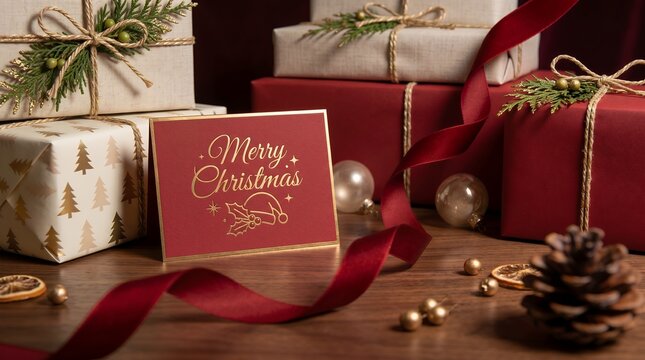 Festive Christmas Gifts Wrapped With Red Ribbon and Merry Christmas Card