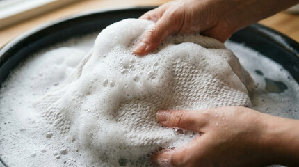 Fototapeta premium Hands washing white textured fabric in soapy water, close-up