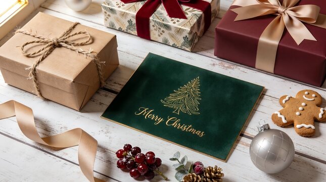 Elegant Festive Gifts With Merry Christmas Card and Holiday Decorations