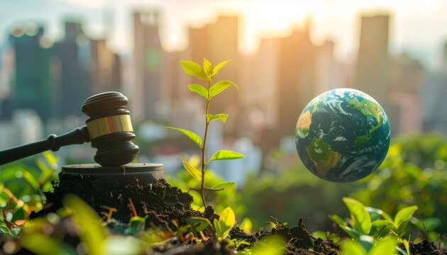 Gavel, plant, earth representing environmental justice and legal protection