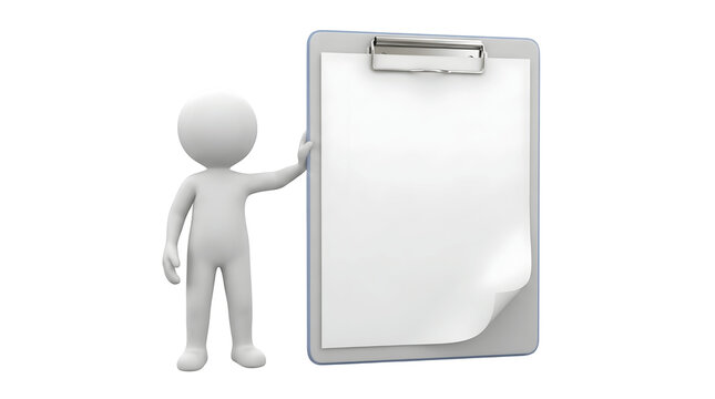 White 3d character standing beside large empty clipboard showing blank page for important business notes isolated on transparent background
