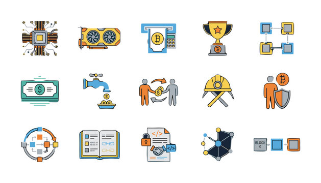 Blockchain cryptocurrency mining hardware network nodes smart contract transaction data protection and digital finance strategy color outline icons set.