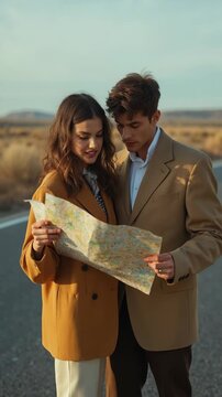 Young couple checking a map on roadtrip fashion editorial shot, high-fashion imagery, avant-garde aesthetics, editorial storytelling, conveying fashion trends and concepts, artistic i.