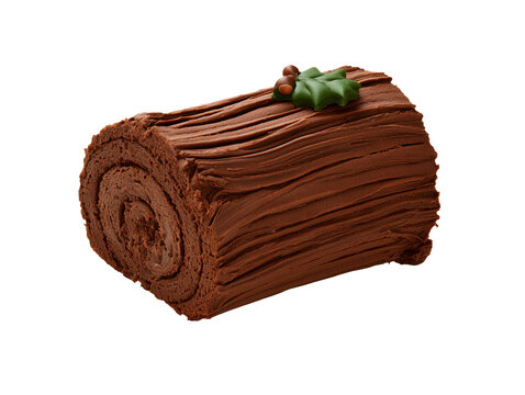 Slice of Christmas Yule Log Cake with Chocolate Buttercream Isolated transparent, 
