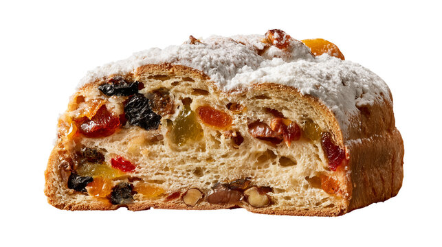 Slice of Traditional Christmas Stollen Cake with Powdered Sugar Isolated