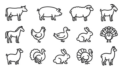 Naklejka premium Farm animals and livestock minimalist line icons.