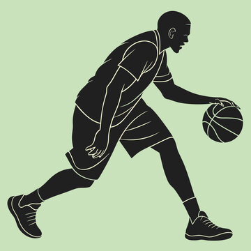 Basketball player dribbles a ball in a black silhouette vector.