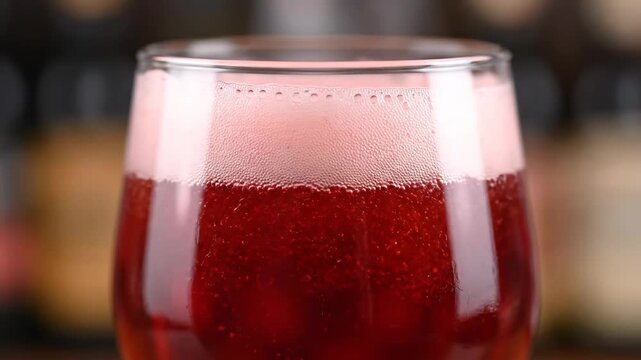Close-up macro shot of red craft beer being poured into a glass, creating thick, frothy pink foam and visible carbonation bubbles. Refreshing alcoholic drink served in a bar setting.