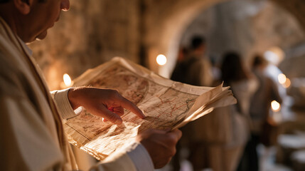 Naklejka premium Close up of a tour guide hands holding a weathered illustrated map near a candlelit archway, fingertips tracing an ancient route, candlelight flickering across aged paper edges,