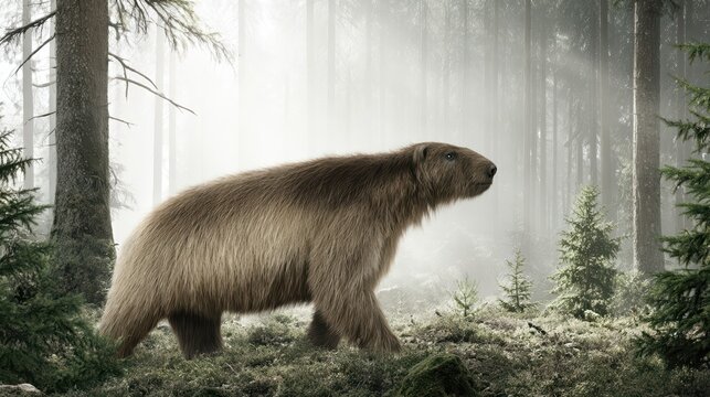 A giant prehistoric ground sloth with thick fur stands amid towering ancient trees. Sunlight streams through the forest, highlighting its enormous claws and presence.
