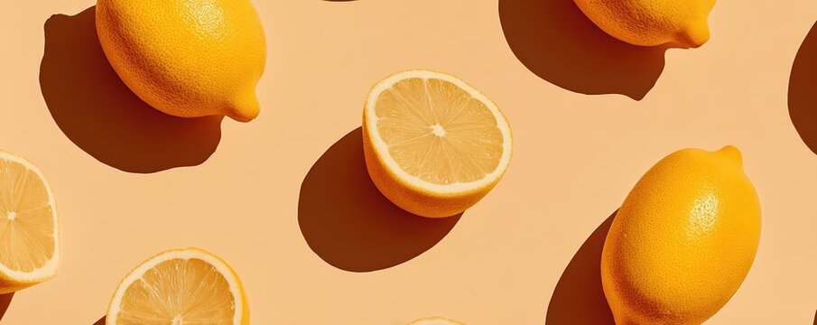 Flat lay of whole and halved lemons creates a vibrant yellow pattern. Glossy peels and juicy interiors stand out in a fresh, minimal citrus arrangement.