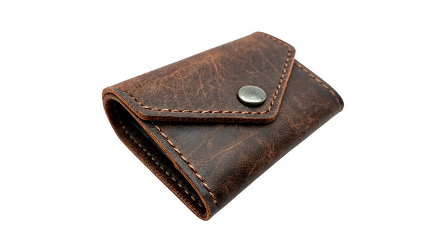 Small brown leather pocket wallet card holder pouch isolated on transparent background