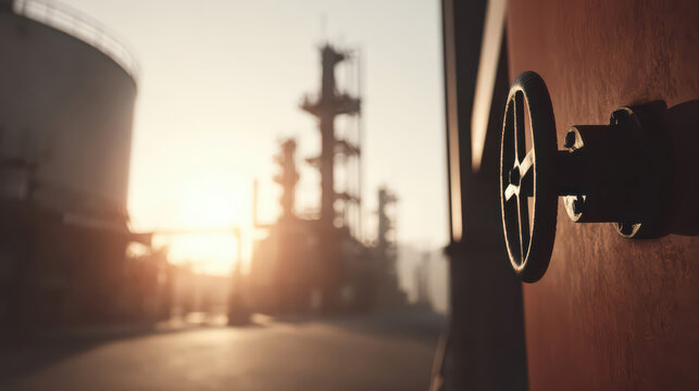 A steel pipeline valve glows in warm sunset light at a large refinery. Ultra-detailed textures and shallow depth of field highlight industrial engineering.