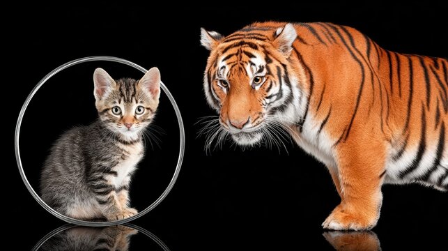 A small kitten gazes into a mirror, its reflection revealing a majestic tiger. Ultra realistic lighting highlights inspiring transformation and inner strength.