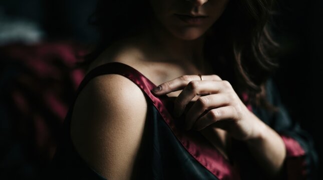 Woman Adjusting Silk Robe on Shoulder in Dim Light
