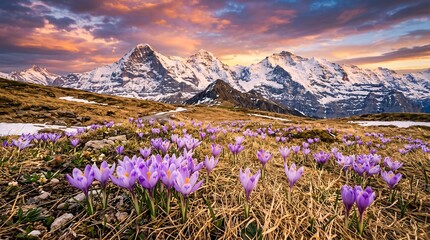Obraz premium Purple crocus flowers blooming in a golden dry grass alpine meadow with a majestic snow-capped mountain range resting in the distance.