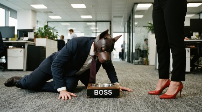 Businessman in Dog Mask on Knees in Office Setting
