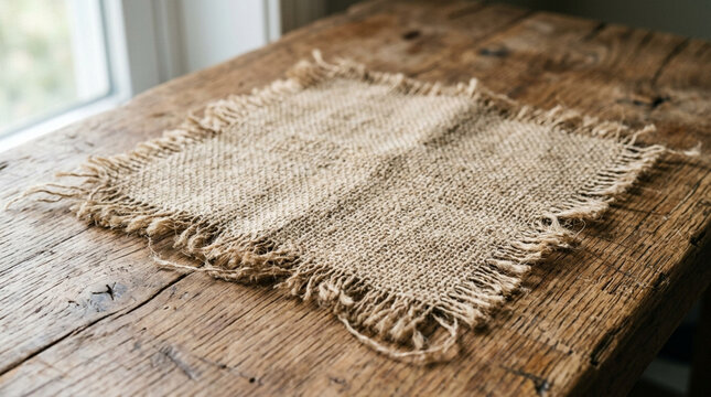 Rustic burlap square on vintage wooden table, close-up, natural texture, light background