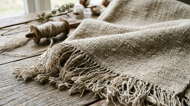 Rustic Linen Textile with Fringes and Cotton Bolls on Wooden Table