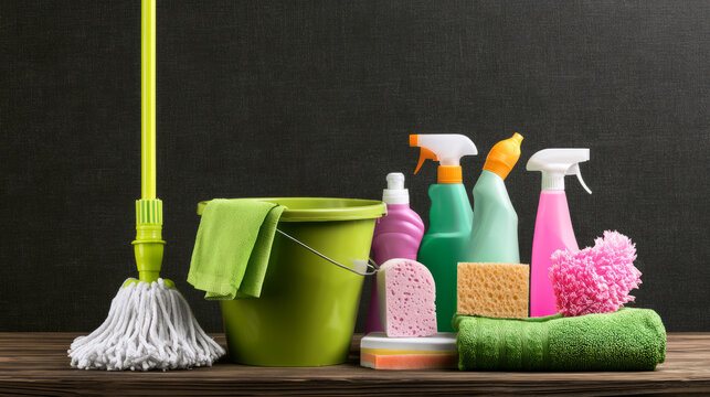 Display the neatly arranged cleaning supplies (including mops and buckets), demonstrating the organizational skills and efficiency of the professional cleaner.