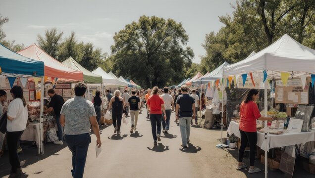 Crowded outdoor market, people walking past colorful tents