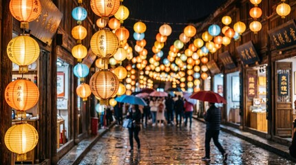 Naklejka premium A vibrant nighttime street is beautifully decorated with glowing colorful paper lanterns providing a warm and welcoming ambiance for a joyful celebration