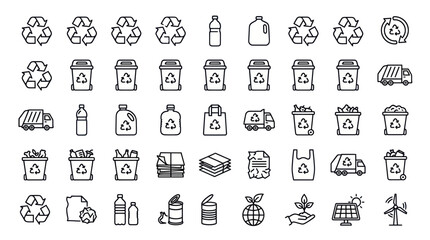 Fototapeta premium Environmental recycling and waste management line icons.