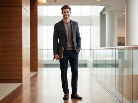 Full length portrait of a handsome smiling young businessman standing in a modern office corridor holding a leather folder and wearing a smart casual outfit 
