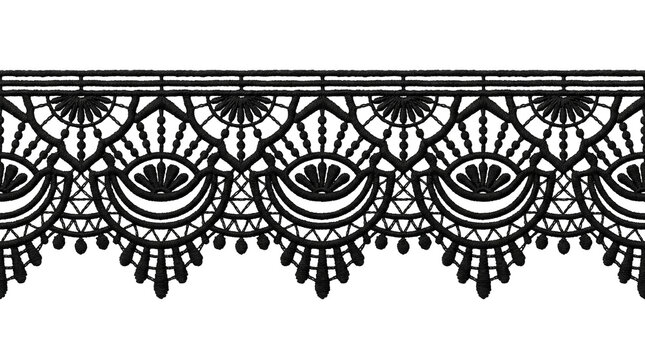 Vintage black lace border, intricate floral crochet trim, elegant gothic lace ribbon pattern on white background