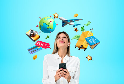 Woman using smartphone with travel and shopping symbols in colorful digital art style on bright blue background, expressing vacation planning