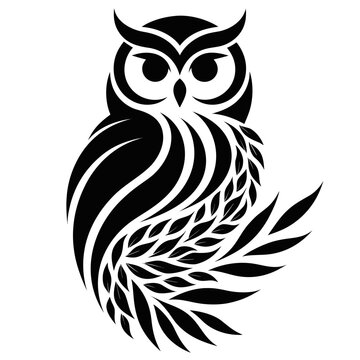 Black and white vector graphic illustration of horned owl bird adorned with leafy feather patterns