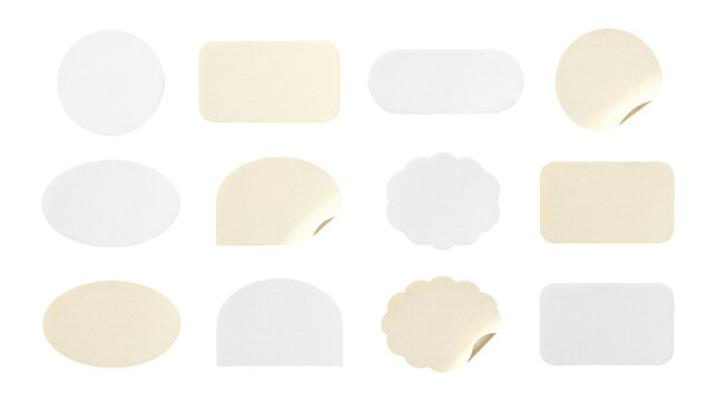Minimalist white paper sticker set, 12 blank adhesive labels in various shapes, clean cream and white decal mockups for branding