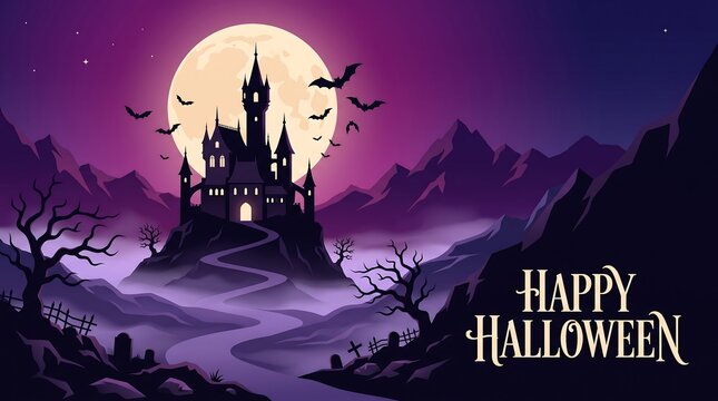 A spooky haunted castle silhouette standing on a hill under a large full moon during a dark purple halloween night