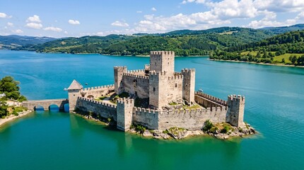Fototapeta premium Historic stone fortress castle surrounded by vibrant turquoise lake waters displaying crenellated towers and walls on a lovely sunny day.