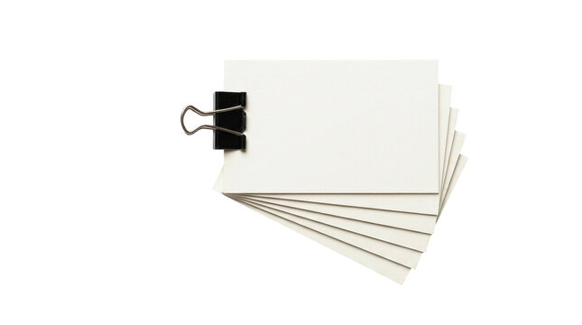 Minimalist white index cards with black binder clip, blank paper stack mockup, clean stationery for business notes