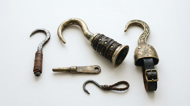 Five distinct metal hooks displayed against a clean white background, each with a unique handle design.