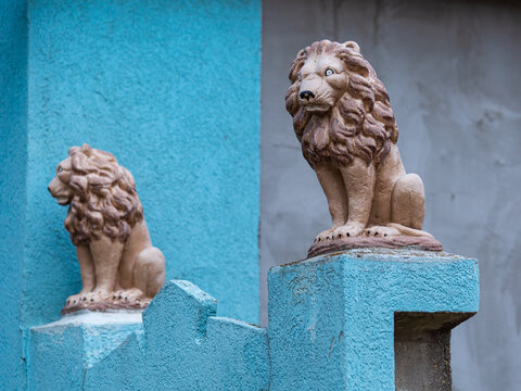 View of two stone lion statues perched on a bright blue textured wall in Beska, Vojvodina, Serbia.
