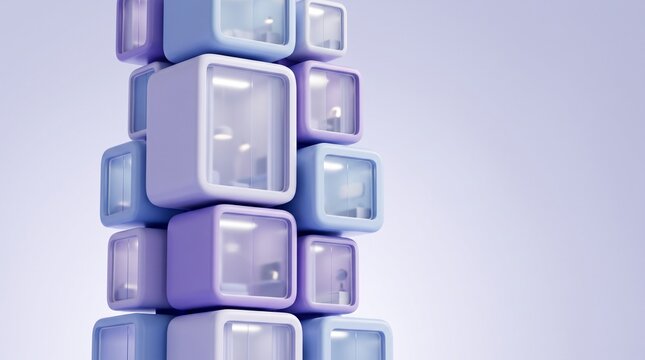 Futuristic 3D rendered modular building with pastel purple and blue rounded pods for modern urban housing and workspace concepts