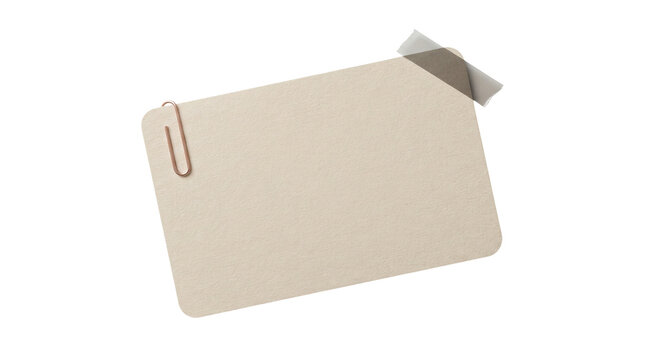 Minimalist beige paper card with paperclip and tape, blank stationery mockup, aesthetic neutral note card on white background